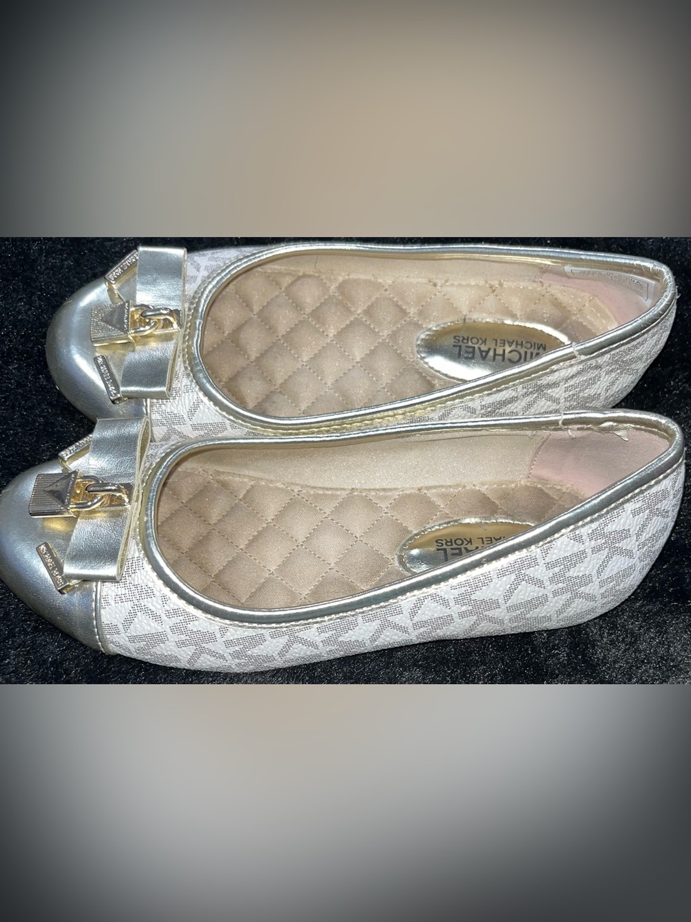 Michael Kors Ivory Lace Quilted Ballet Flats with gold Trim